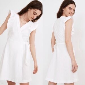 NWT Madewell Cotton Ruffle Sleeve Textured Wrap Mini Dress In White